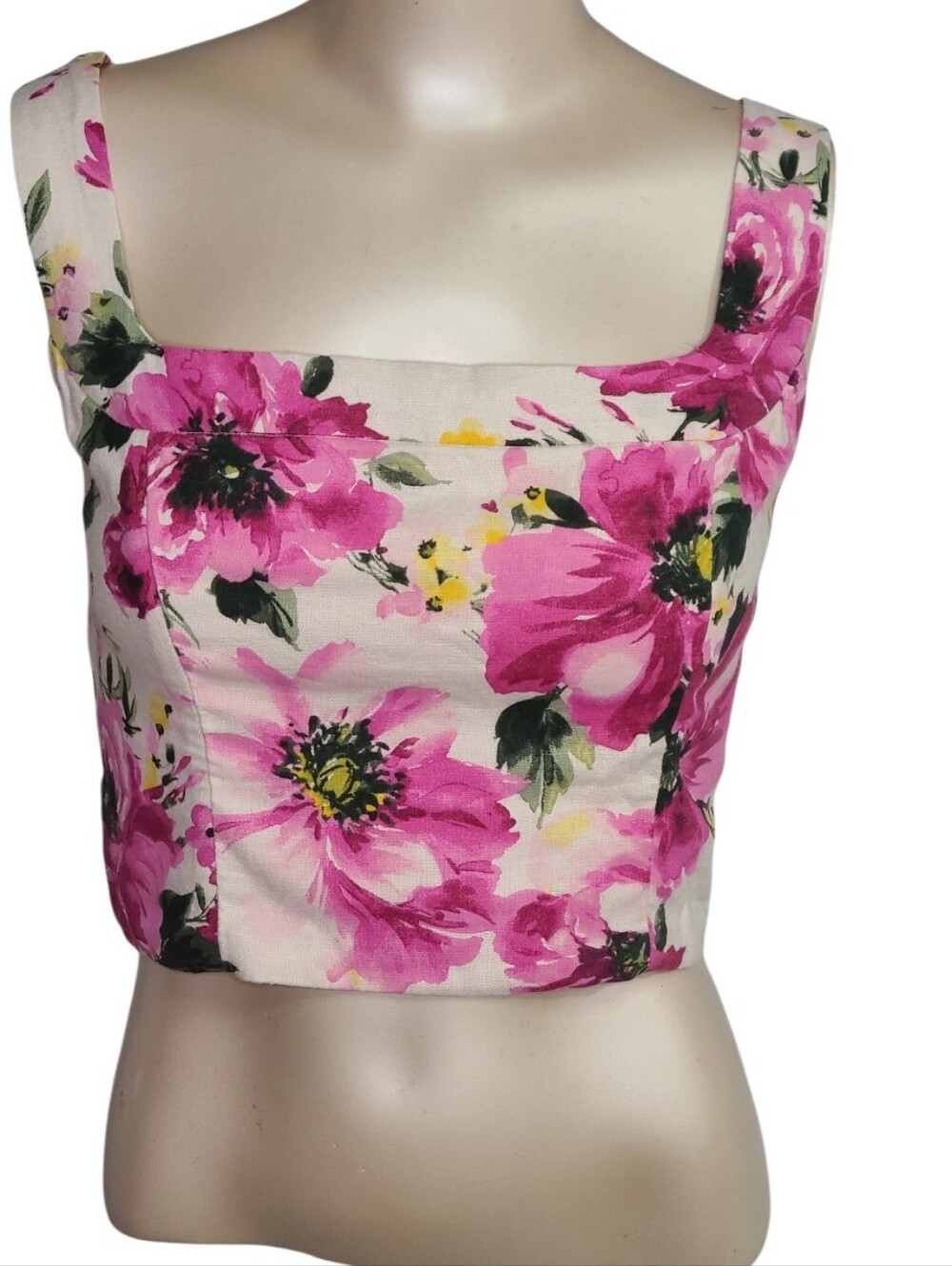 Abercrombie & Fitch Pink Floral Linen Blend Square Neck Crop Top Size Small